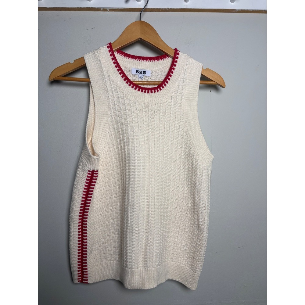 525 America Cream Cotton Knit Sweater Vest Red Trim Sleeveless Women's Small